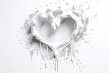 White paint splashes form a heart shape, symbolizing purity and love, as they delicately blend with a pristine white background, creating an ethereal effect. , generative AIの素材