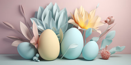Quilling Colorful Paper Flowers And Easter Eggs, Concept Of Easter Holiday In Pastel Colorsの素材