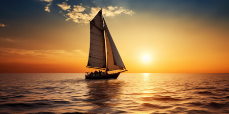 Amazing landscape with a solitary yacht sailing at sunset, a small sailboatの素材