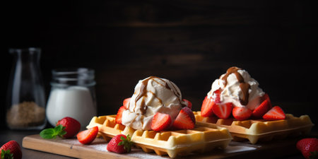 Delicious Waffle Dessert With Strawberries And Cream On A Plate, Dessert In Cafeの素材