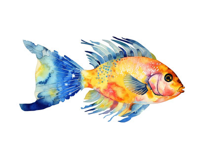 Watercolor illustration of a bright-colored fish on a white background , generative AIの素材
