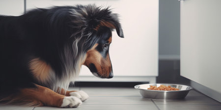 Cute Sheltie Dog At Home Looks Longingly At Food Bowl On The Floorの素材