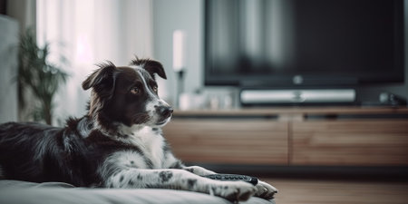 Cute Border Collie lying down on a couch in living roomの素材