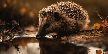 Wild Hedgehog Drinks Water From The Puddle In The Forest, Animal In Natural Habitatの素材