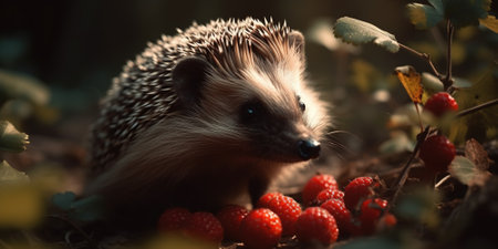 Cute Wild Hedgehog Eating Raspberry In Autumn Forest, Animal In Natural Habitatの素材
