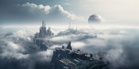 "Futuristic megacity with towering skyscrapers on a dramatic mountain landscape in the clouds."の素材