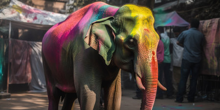 Elephant In Colorful Powder Paint On A Holi Holday, Generative Aiの素材