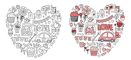 Hand-Drawn Doodle Set In Vector Form Shaped Like A Heart, Is A Stress-Relief Coloring Page For ValentineS Day, Featuring Hearts, Candies, And Sweets For February 14Th In A Cute Coloring Bookのイラスト素材