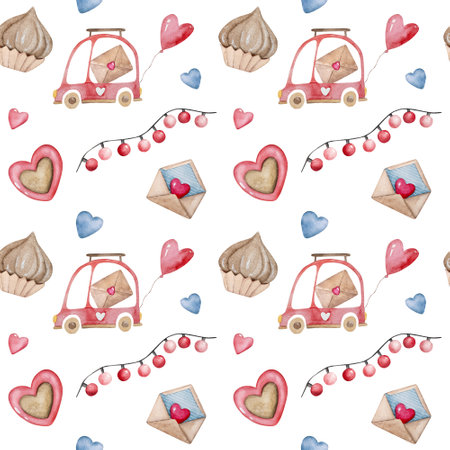 Hand-Drawn Watercolor Illustration Features A Seamless Pattern For ValentineS Day With Cars, Hearts, And Cupcakes For February 14Thの写真素材