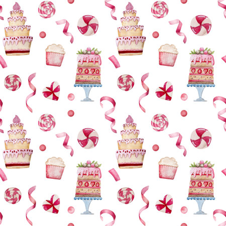Hand-Drawn Watercolor Illustration Features A Seamless Pattern For February 14Th With Sweets And Heartsの写真素材