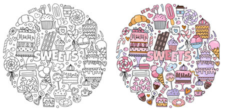 Hand-Drawn Doodles Themed On Sweets, Including A Set Of Pictures With Cakes, Candies, And Other Treats For Stress-Relieving Coloringのイラスト素材