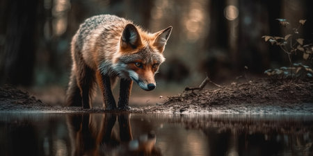 Young Fox Drinks Water From The Creek In The Forest, Animal In Natural Habitatの素材