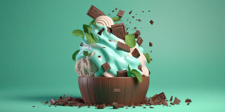 Illustration Of Ice Cream Dessert With The Pistachio And Chocolate On A Mint Background, Dessert In Cafeの素材