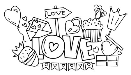 Coloring Page - Sweet ValentineS Day Love Illustration With Candies And Hearts, A Coloring Book For February 14Thのイラスト素材