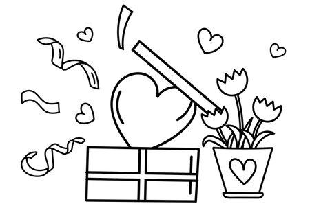 ValentineS Day Coloring Page Features A Cute Illustration Of A Gift Box With A Heart Inside, Perfect For A February 14Th Coloring Bookのイラスト素材