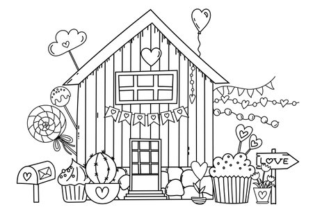 Sweet Home Coloring Page - A Charming Illustration Of A House Filled With Sweets And Flowers, A Fairy-Tale House Coloring Book For Childrenのイラスト素材