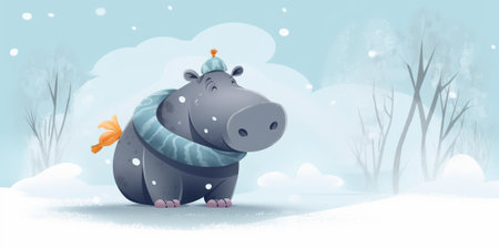 Cartoon baby hippo wearing scarf and hat in winter during snowfallの素材