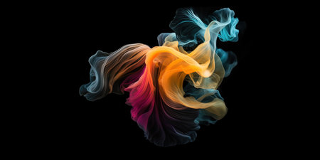 Vivid multicolored smoke creates an abstract pattern on a black background , generative AIの素材