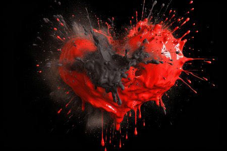 Black and red paint splashes form a heart shape, symbolizing deep passion and mystery, as they dramatically stand out against a dark black background. , generative AIの素材