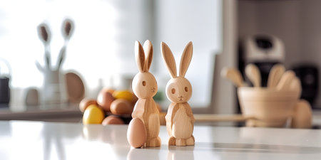 Wooden Easter bunny figurines on the kitchen table with easter eggs on the backgroundの素材