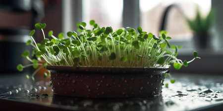 Growing micro green sprouts in container, health organic food, small farm in the kitchenの素材