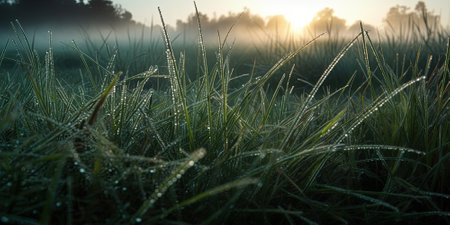 Morning grass with drops of dew, close up view, foggy morningの素材
