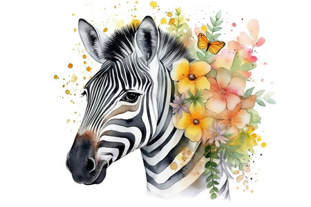Watercolor paint illustration of zebra portrait in flowers on white. Bohemian boho drawing for nursery poster. , generative AIの素材