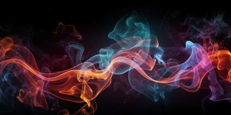 Bright colourful smoke on a black background creates an abstract, foggy scene , generative AIの素材