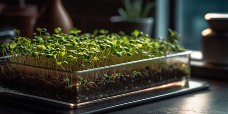 Growing micro green sprouts in glass container, healthy organic farm in the kitchenの素材