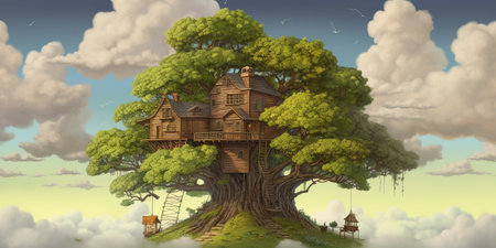 Huge fantasy tree with tiny houses in its crown serves as home for magical fairy-tale charactersの素材
