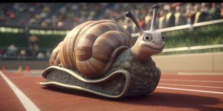 Cartoon Snail Crawling On A Running Track At The Stadiumの素材