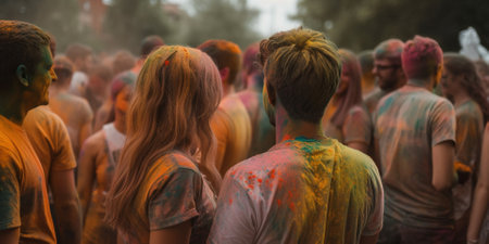 Crowd Of People Celebrating Holy Holiday With Colorful Powder Paints, Back Viewの素材