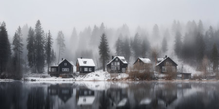 Wooden Houses On A Bank Of Winter Lake , Scandinavian Landscapeの素材