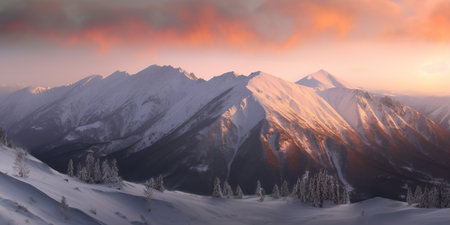 Winter landscape with mountain range in snow at sunset, generative AIの素材