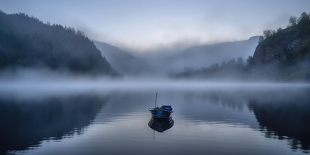 Amazing Landscape With Lonely Boat On The Lake In Mist In The Morningの素材