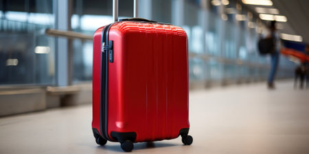 Red Suitcase In Airport Hall , Concept Of Vacation Travellingの素材