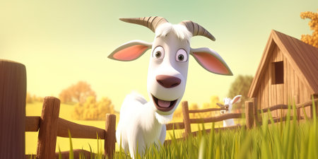 Cartoon Portrait Of Funny Goat On Farm, Illustrationの素材