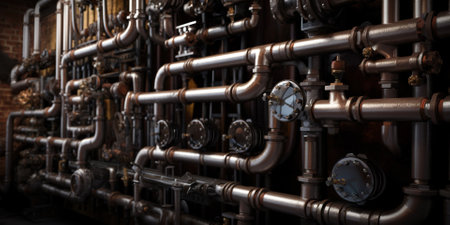Heating And Water Pipes On The Wall In The Boiler Roomの素材