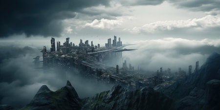 Futuristic megacity with towering skyscrapers on a dramatic mountain landscape in the cloudsの素材