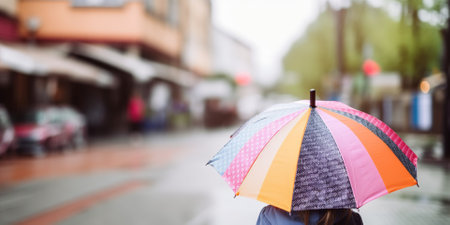 Person Under An Colorful Umbrella In The Rain On A City Streetの素材