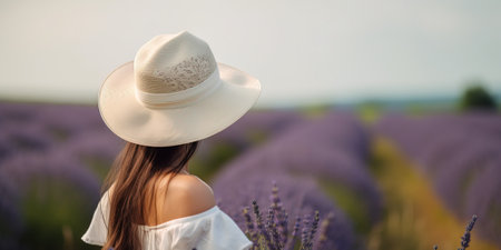 Stylish Young Lady In A White Hat On A Lavender Field In Back Viewの素材