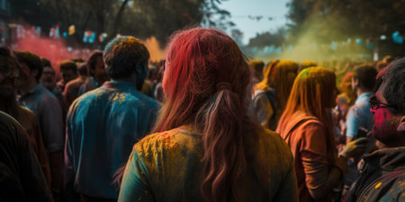 Crowd Of People Celebrating Holy Holiday With Colorful Powder Paints, Back Viewの素材