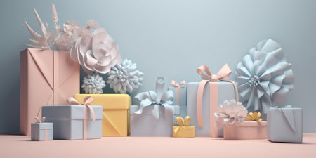 3D Illustration Gift Boxes And Quilling Flowers In Pastel Colors , Concept Of Gifting For Holidaysの素材