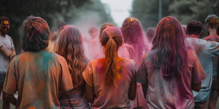 People In Holi Powder Paint Celebrating Holidays Outdoors In Crowdの素材