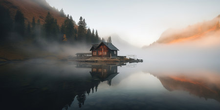 Wooden Fisherman'S House On A Bank Of Lake , Amazing Morning Landscapeの素材