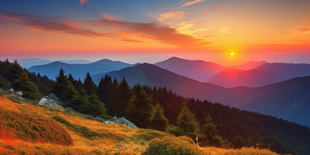 beautiful panoramic landscape view on a mountain ranges at sunset with the sun over the horizon line, generative AIの素材
