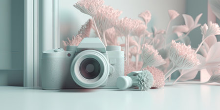 3D Illustration Retro Camera In Pastel Colors On A Table With Flowersの素材