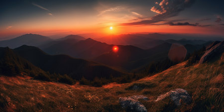 amazing sunset in the mountains view from a high mountain on a Valley in the evening, generative AIの素材