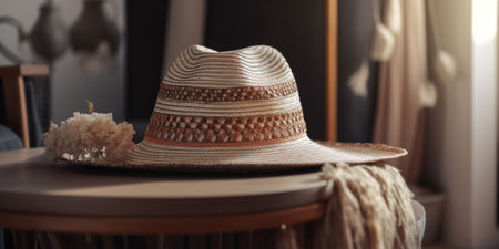 Stylish straw women's hat sits on table in room.の素材