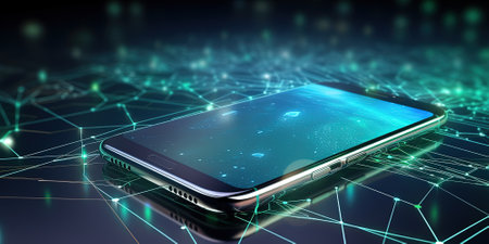 Illustration of Modern smartphone with cutting edge communication technologies of fast 5G internetの素材
